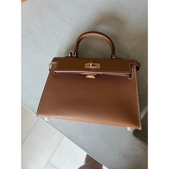 Handbags - Brown Genuine Leather Mini Top Handle Crossbody Bag Gold Hardware Classic Chic